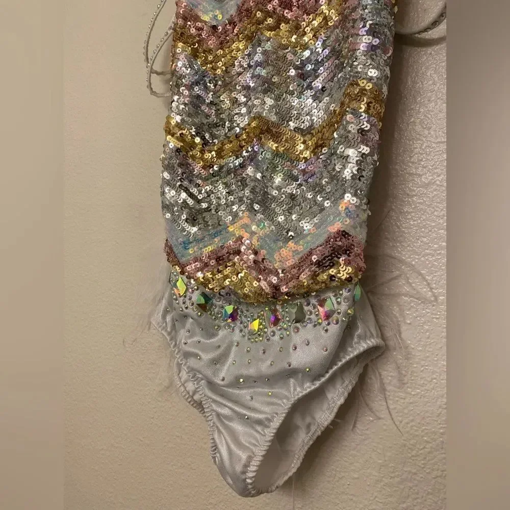 Glamour solo dance costume jazz sassy silver sequin rhinestoned feather SA adult
